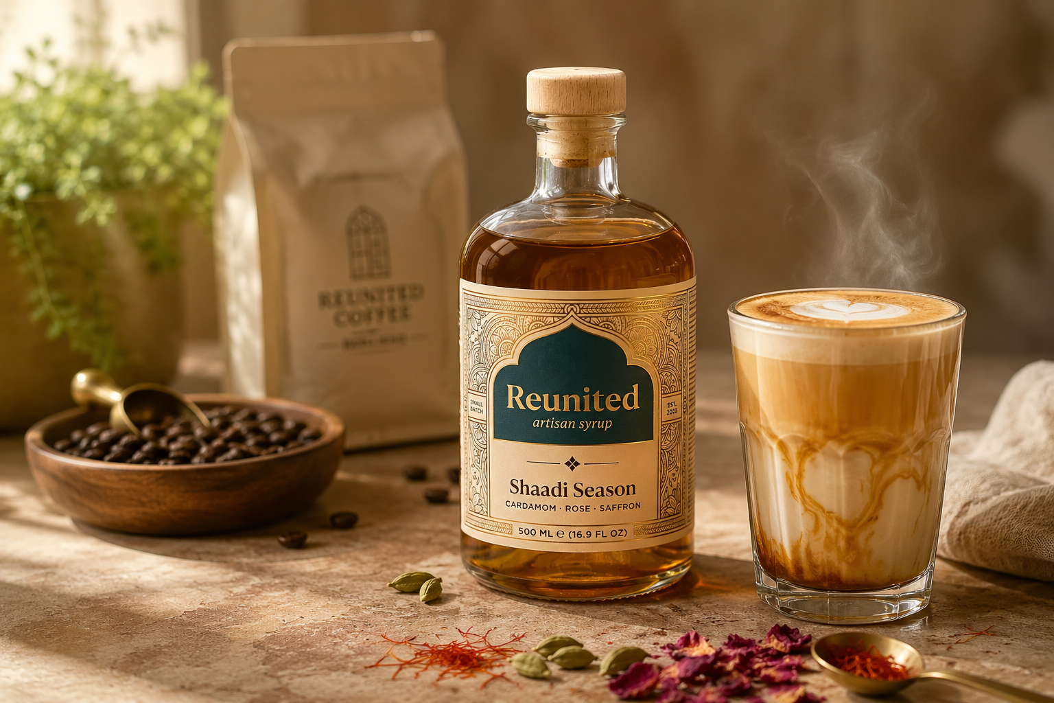 Shaadi Season syrup bottle beside a steaming latte, surrounded by coffee beans, cardamom, rose petals and saffron on a warm terracotta surface